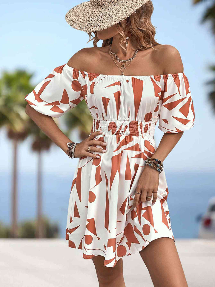 Printed Off-Shoulder Smocked Waist Dress |1mrk.com