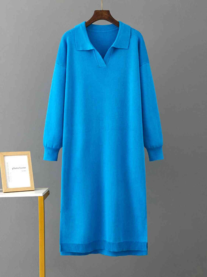 Johnny Collar Long Sleeve Slit Sweater Dress |1mrk.com