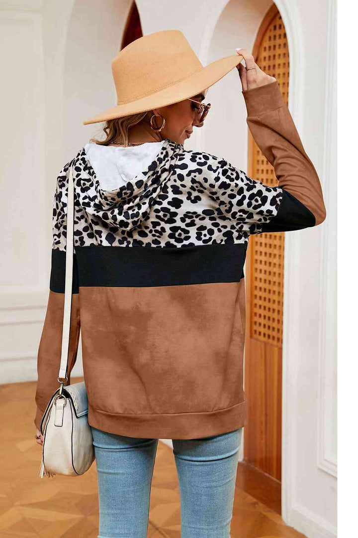 Leopard Drawstring Hoodie with Pocket |1mrk.com