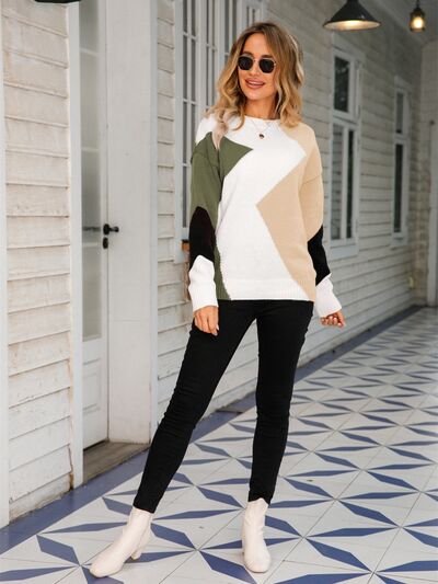 Color Block Round Neck Dropped Shoulder Sweater |1mrk.com