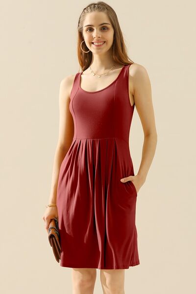 Doublju Full Size Round Neck Ruched Sleeveless Dress with Pockets |1mrk.com