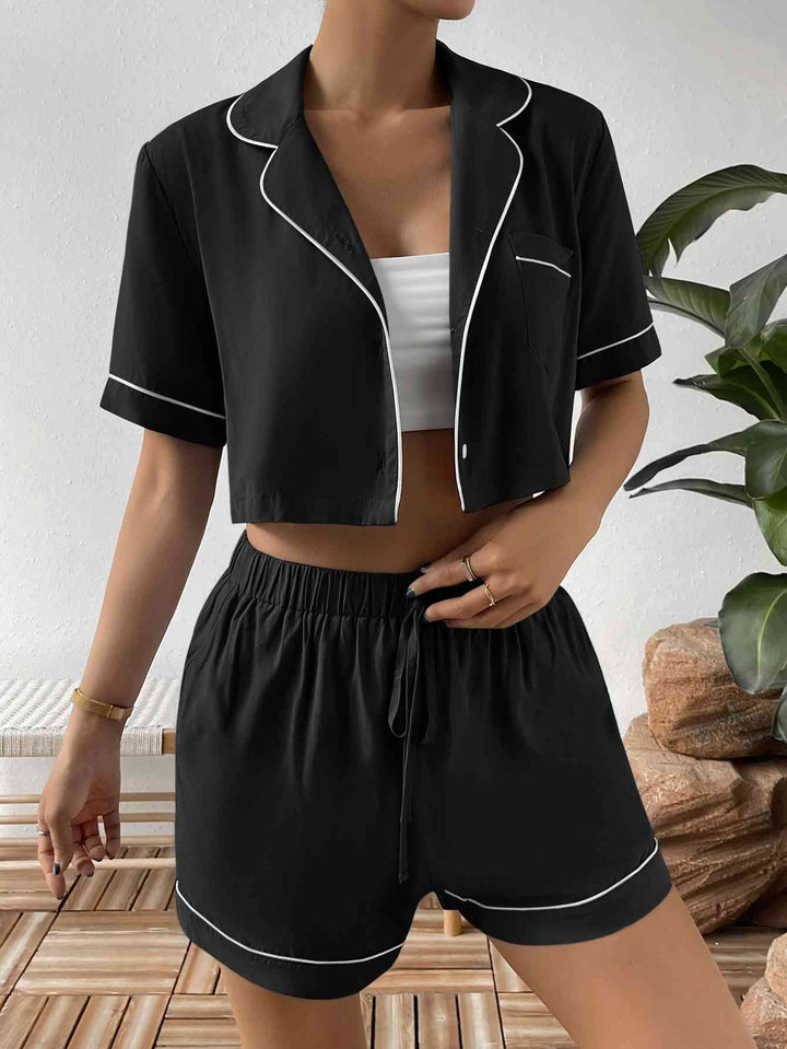 Contrast Lapel Collar Cropped Shirt and Shorts Lounge Set | 1mrk.com