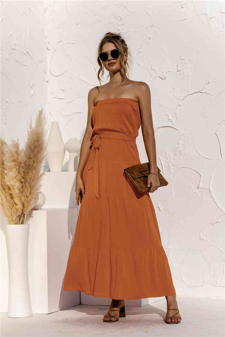 Strapless Tie Waist Tiered Maxi Dress |1mrk.com