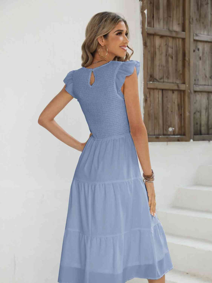 Smocked Round Neck Tiered Dress |1mrk.com