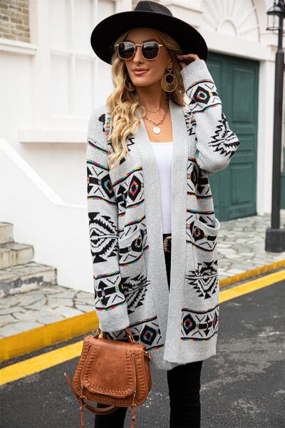 Pocketed Geometric Open Front Dropped Shoulder Cardigan |1mrk.com