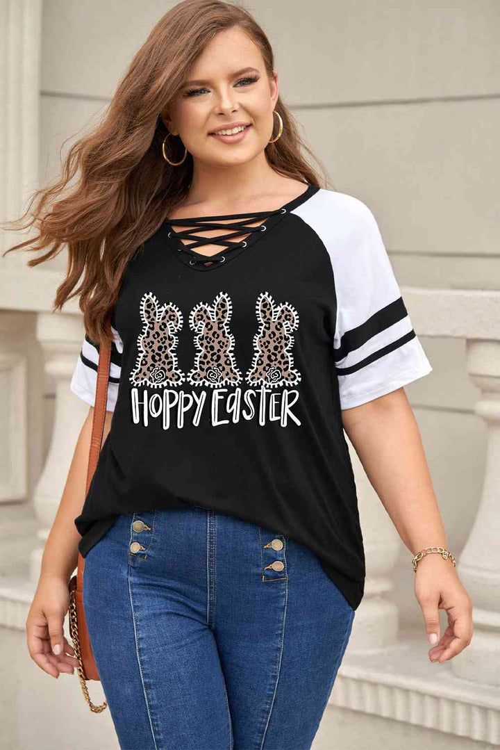 Plus Size HOPPY EASTER Striped Crisscross T-Shirt | 1mrk.com