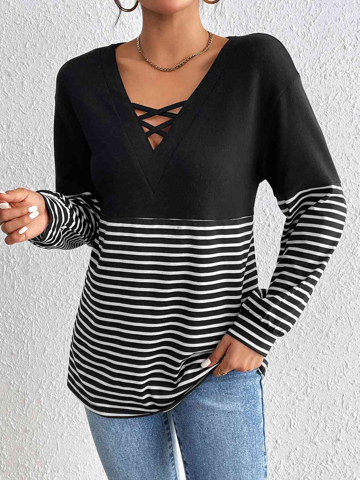 Striped Crisscross V-Neck Long Sleeve T-Shirt | 1mrk.com