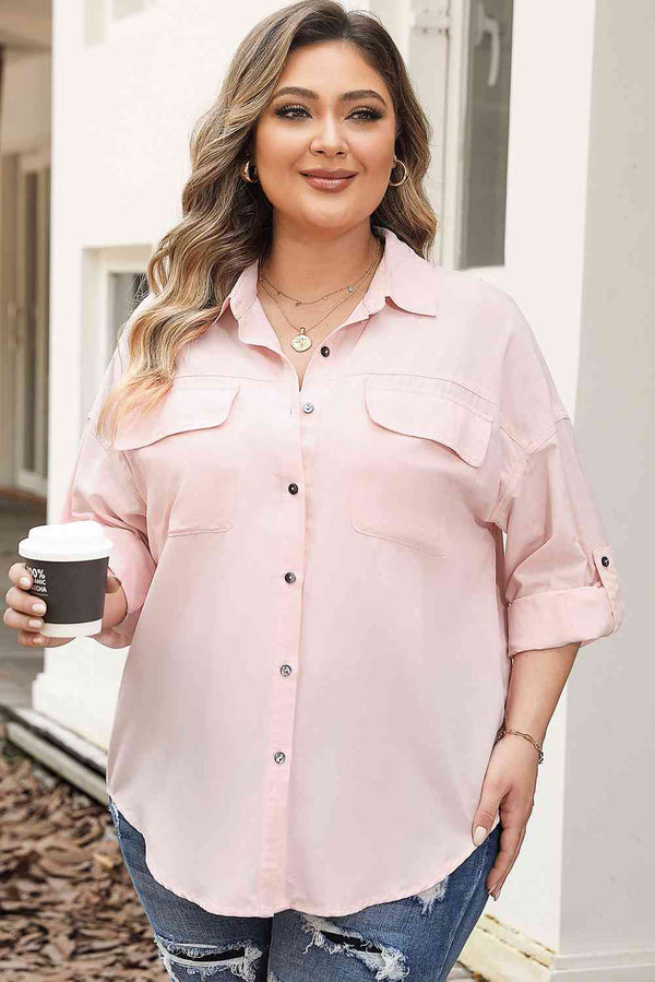 Plus Size Collared Neck Button Front Long Sleeve Shirt |1mrk.com