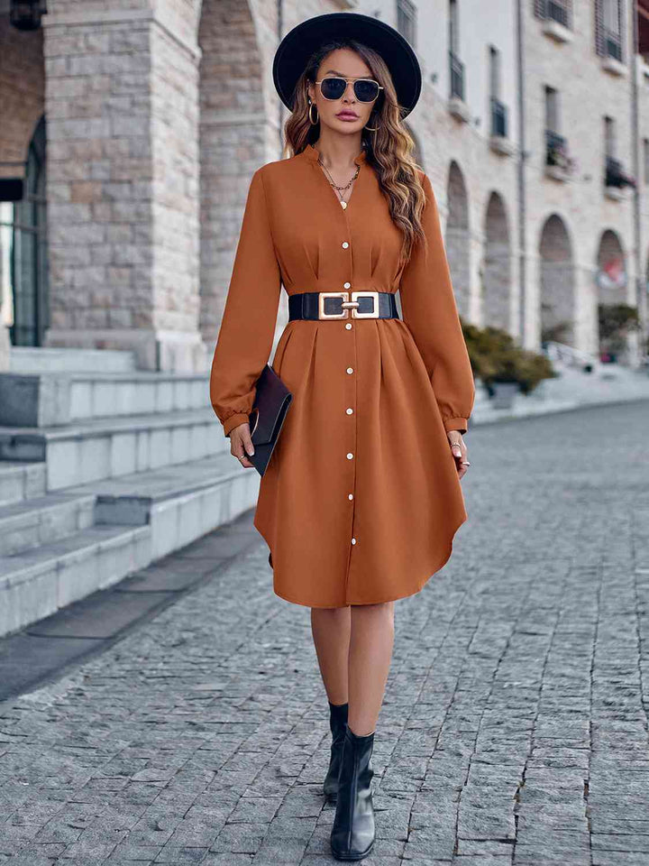 Notched Neck Long Sleeve Dress |1mrk.com