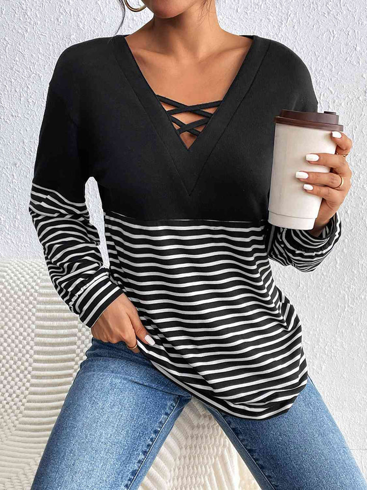 Striped Crisscross V-Neck Long Sleeve T-Shirt | 1mrk.com