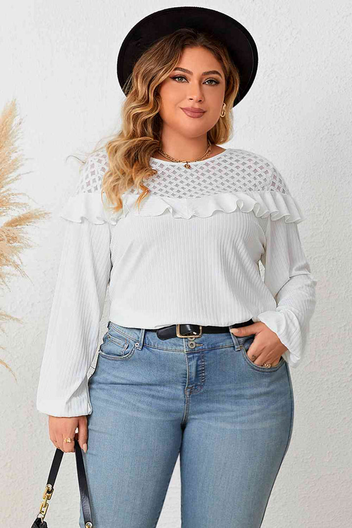 Plus Size Ruffled Round Neck Long Sleeve Blouse | 1mrk.com