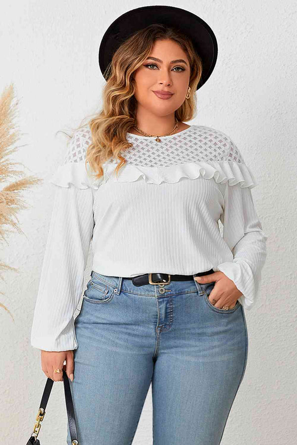 Plus Size Ruffled Round Neck Long Sleeve Blouse | 1mrk.com