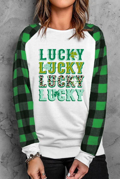 LUCKY Plaid Round Neck Raglan Sleeve T-Shirt | Trendsi