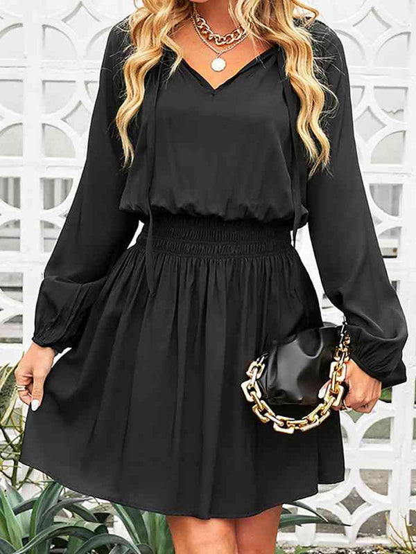 Ruched Tie Neck Balloon Sleeve Mini Dress |1mrk.com