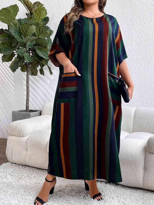 Plus Size Striped Maxi Dress with Pockets |1mrk.com