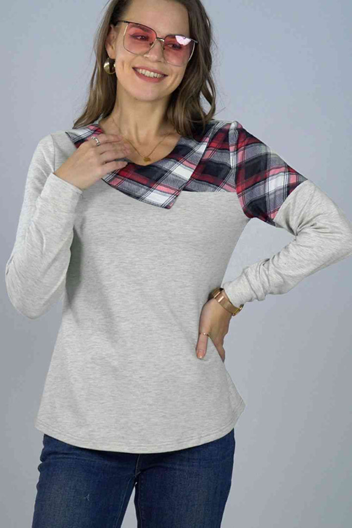 Asymmetrical Plaid Print Long Sleeve Tee | 1mrk.com