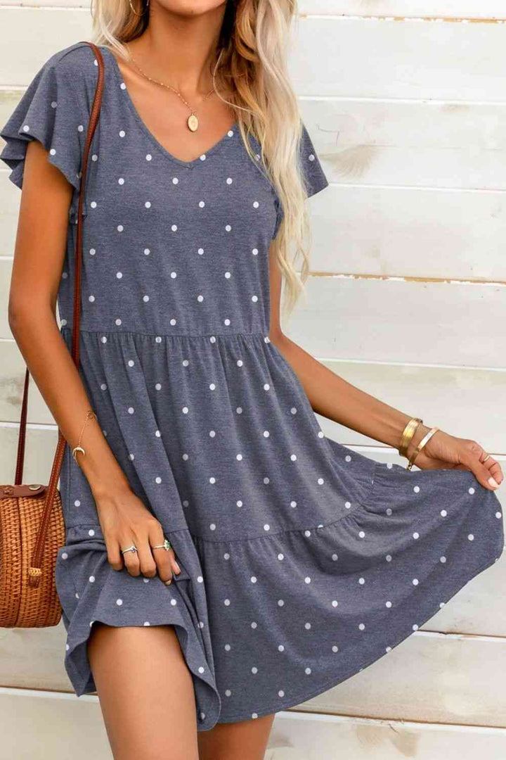 Polka Dot V-Neck Flutter Sleeve Mini Dress |1mrk.com