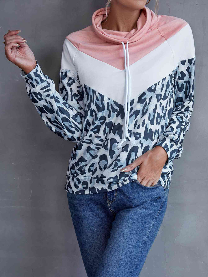 Leopard Color Block Drawstring Sweatshirt |1mrk.com