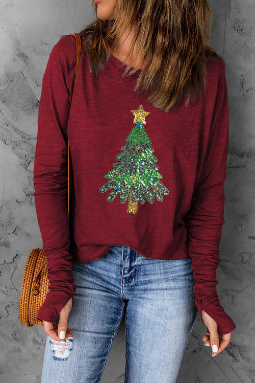 Sequin Christmas Tree Long Sleeve T-Shirt | 1mrk.com