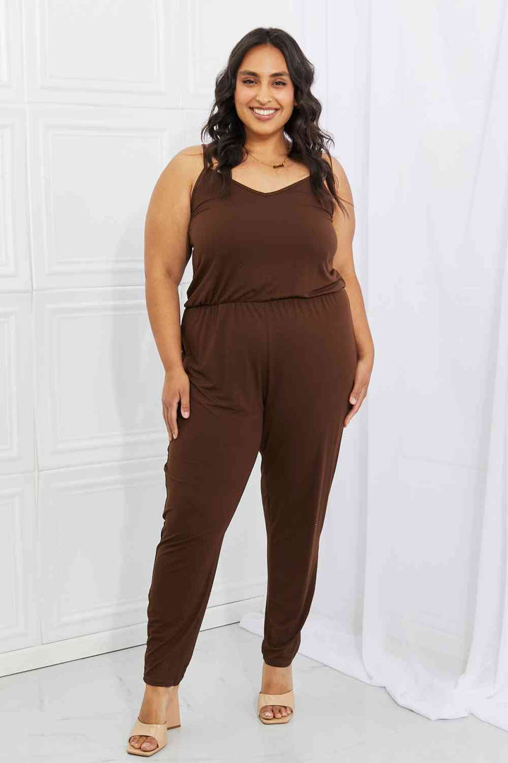 Capella Comfy Casual Full Size Solid Elastic Waistband Jumpsuit in Chocolate | 1mrk.com