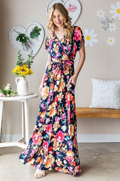 Heimish Full Size Floral Surplice Tie Waist Maxi Dress |1mrk.com