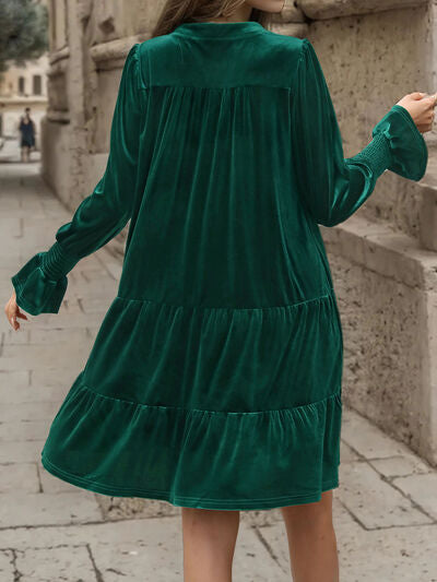 Notched Long Sleeve Tiered Dress |1mrk.com