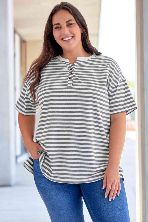 Plus Size Striped Notched Neck Short Sleeve Tee | 1mrk.com