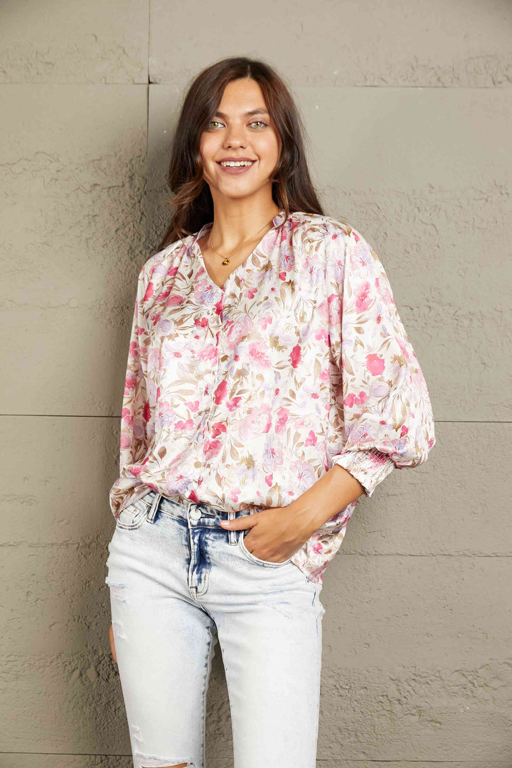 Double Take Floral V-Neck Long Sleeve Shirt |1mrk.com