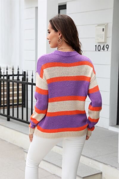 Color Block Round Neck Dropped Shoulder Sweater |1mrk.com