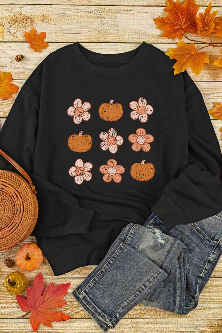 Simply Love Round Neck Long Sleeve Pumpkin & Flower Graphic Sweatshirt |1mrk.com