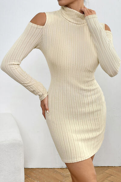Ribbed Turtleneck Cold Shoulder Long Sleeve Mini Dress |1mrk.com