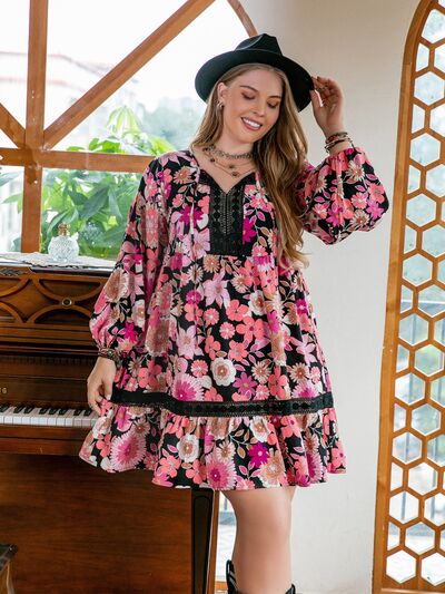 Plus Size Printed Tie Neck Ruffle Hem Dress | 1mrk.com