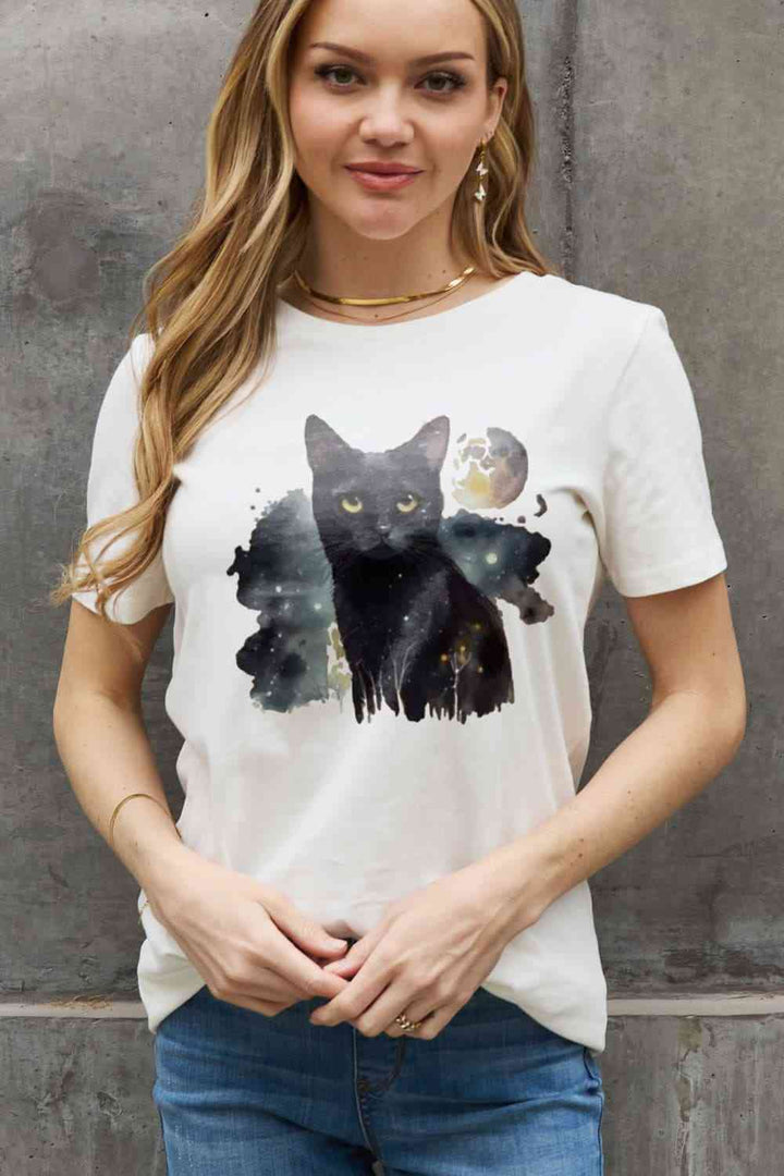 Simply Love Full Size Black Cat Graphic Cotton Tee | 1mrk.com