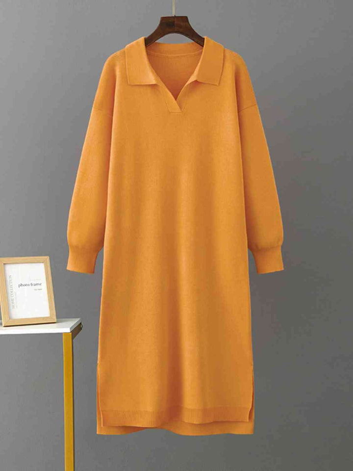 Johnny Collar Long Sleeve Slit Sweater Dress |1mrk.com