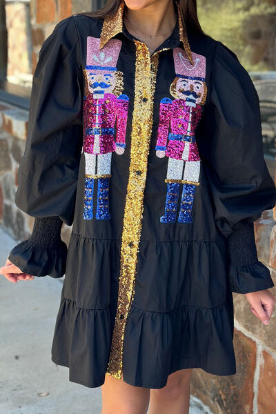 Full Size Nutcracker Sequin Lantern Sleeve Tiered Dress |1mrk.com