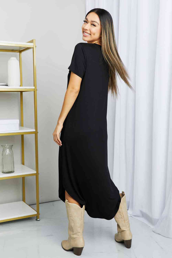 HYFVE V-Neck Short Sleeve Curved Hem Dress in Black | 1mrk.com