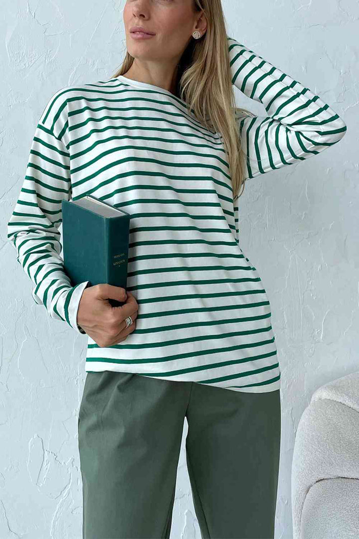 Round Neck Striped Dropped Shoulder T-Shirt | 1mrk.com