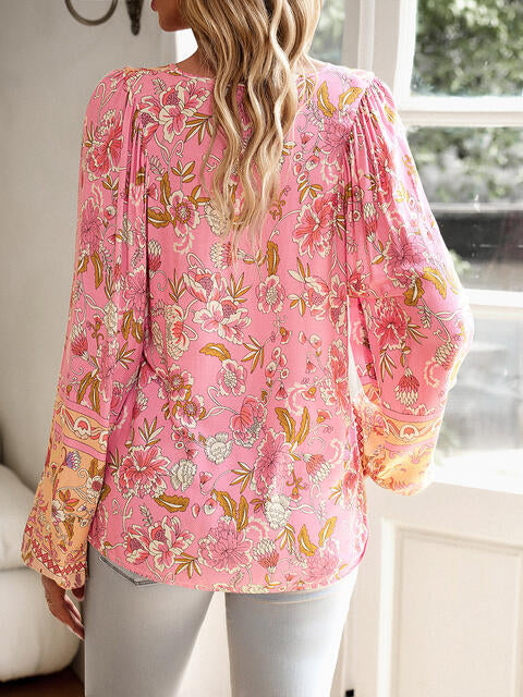 Floral Tie Neck Puff Sleeve Blouse | 1mrk.com