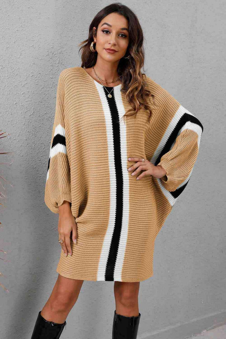 Ribbed Round Neck Long Sleeve Sweater Dress | 1mrk.com