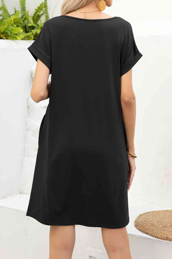 Scoop Neck Short Sleeve Pocket Dress |1mrk.com