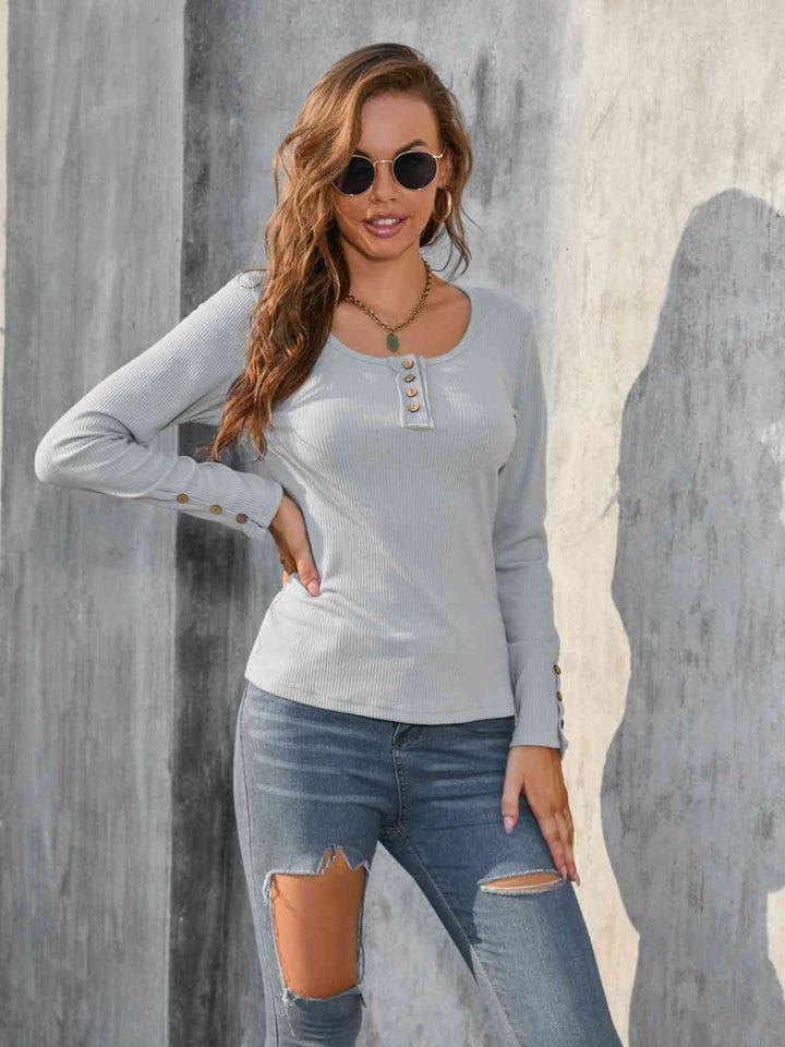 Buttoned Round Neck Long Sleeve T-Shirt | 1mrk.com