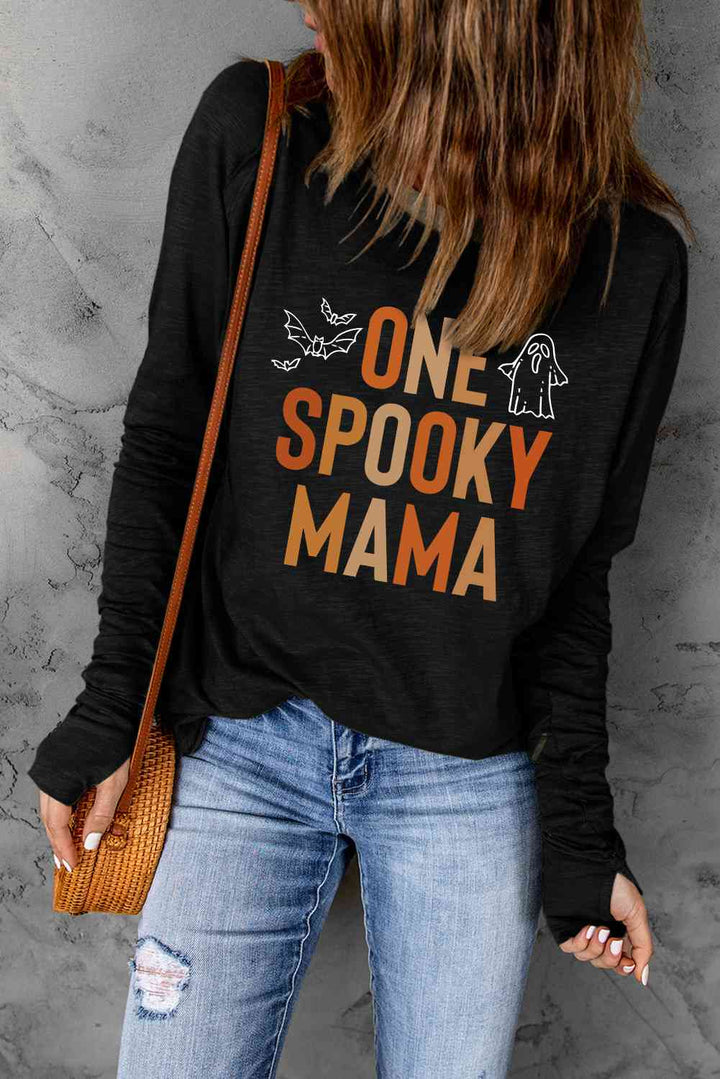 Round Neck Long Sleeve ONE SPOOKY MAMA Graphic T-Shirt | 1mrk.com