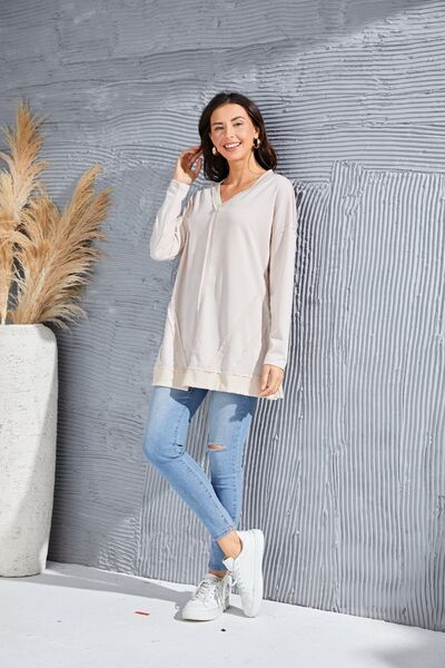 Exposed Seam V-Neck Long Sleeve Slit Sweatshirt |1mrk.com