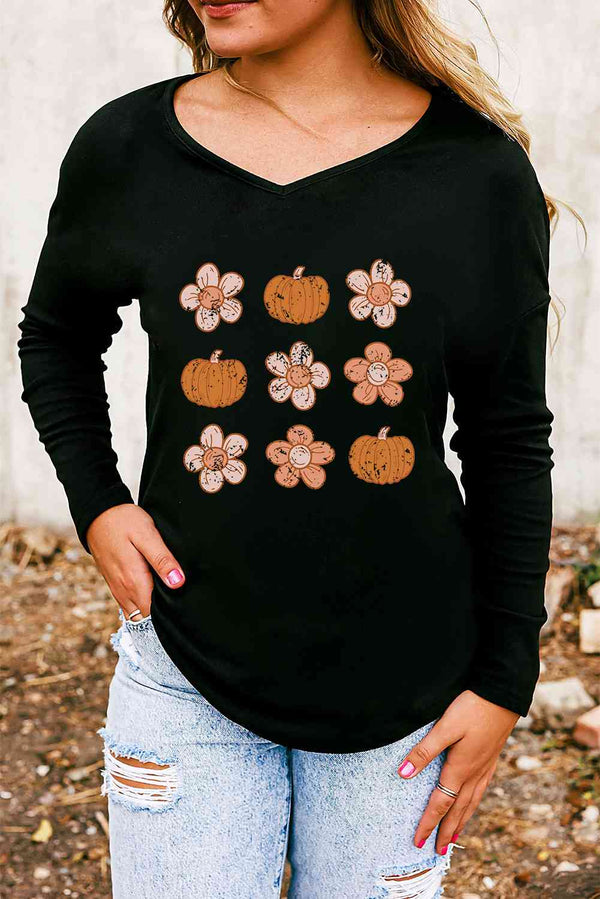 V-Neck Short Sleeve Pumpkin & Flower Graphic T-Shirt | 1mrk.com
