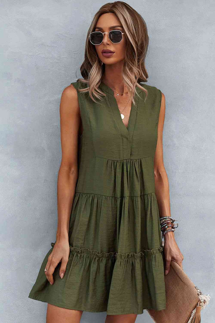 Frill Trim Notched Sleeveless Tiered Dress |1mrk.com