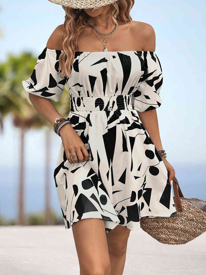 Printed Off-Shoulder Smocked Waist Dress |1mrk.com