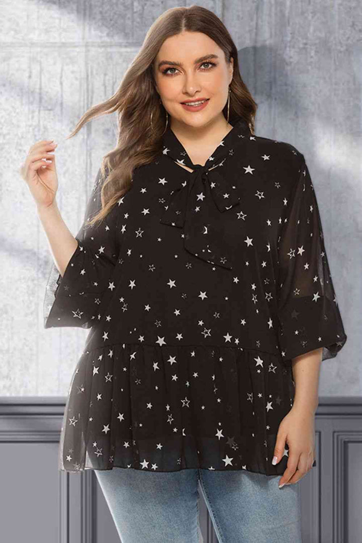 Plus Size Star Print Tie-Neck Peplum Blouse | 1mrk.com