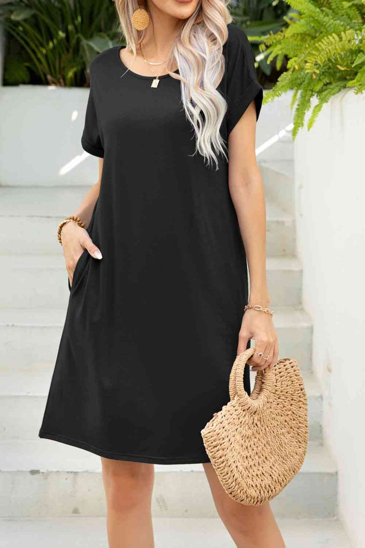 Scoop Neck Short Sleeve Pocket Dress |1mrk.com