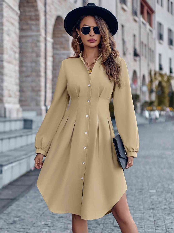 Notched Neck Long Sleeve Dress |1mrk.com