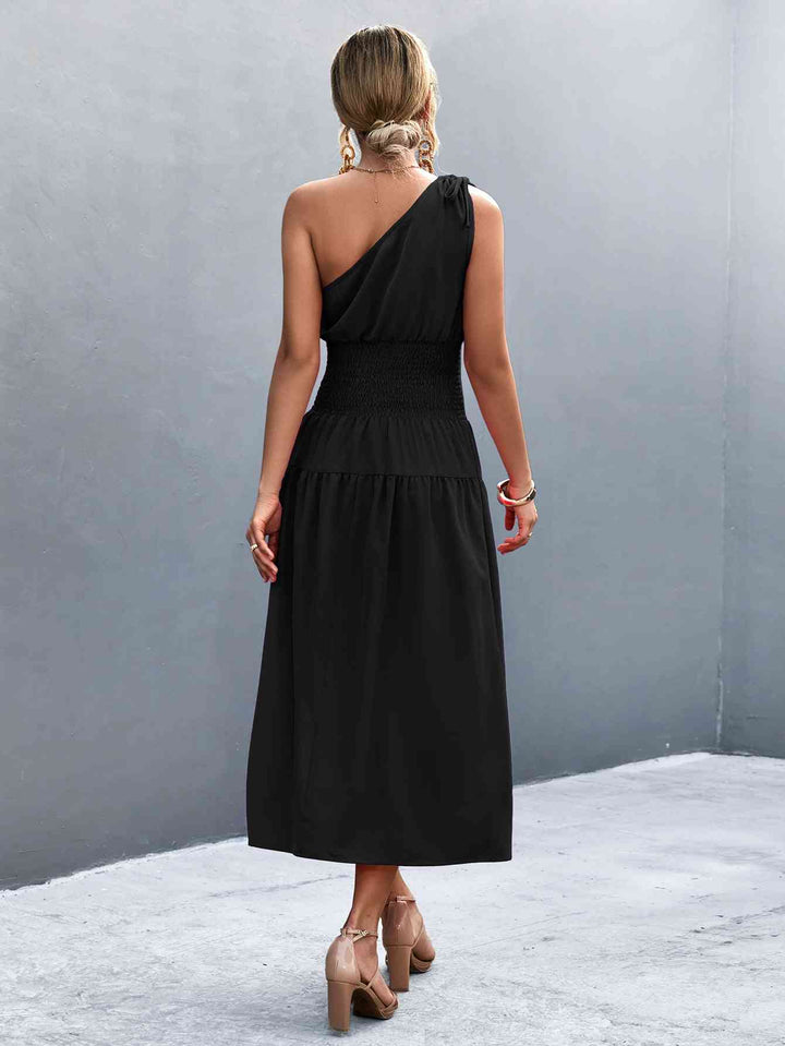 Asymmetrical One Shoulder Smocked Waist Midi Dress |1mrk.com